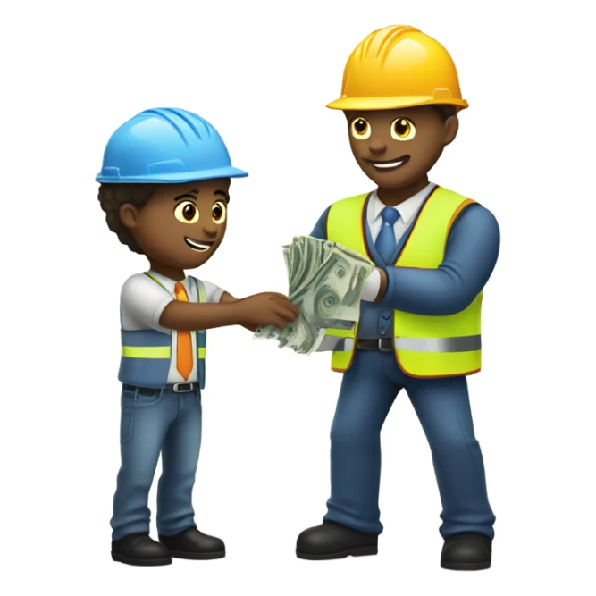 A white man in a suit receiving money from a construction worker sticker