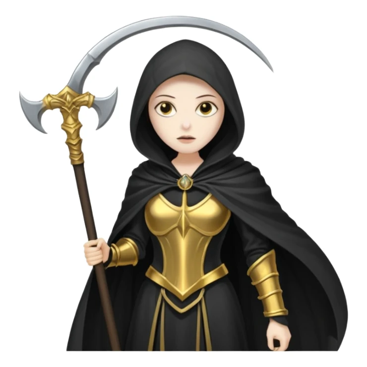 feminine grim reaper in a gold with scythe sticker