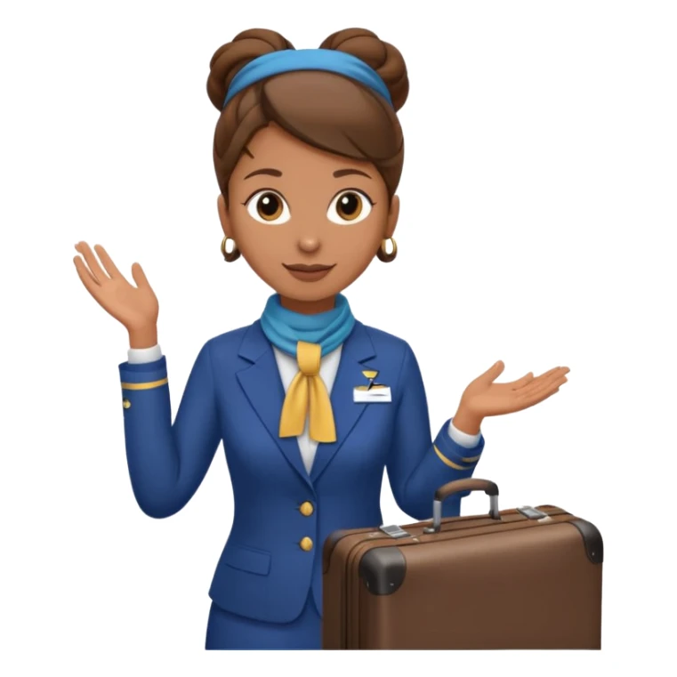 flight attendant, Light Brown skin, brown hair in single bun, neck scarf, suitcase sticker