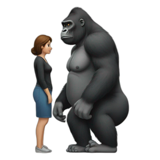 Gorilla looking at a woman with big body sticker