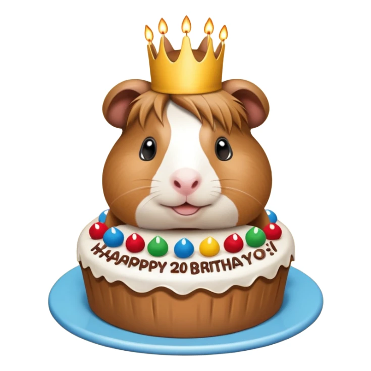 Guinea pig with a cake that’s says “Happy 20th Birthday Bianca” sticker