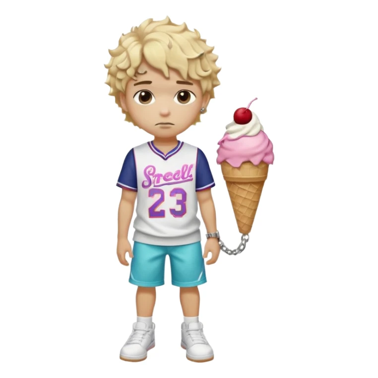 A young boy with Sharp fade, clean shape-up, curly or twisted top, sometimes dyed or with shaved design blonde hair  whop wears a baseball jersey, colorful Ice Cream shorts with cartoon prints, white Air Forces, a crossbody bag, and a chain. Has a fade or durag, serious face, and London street vibes sticker