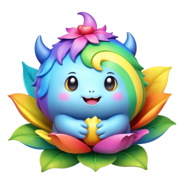 3D, Kawaii derpy fat rainbow monster sitting in a magical rainbow hued flower, rich textures, visually detailed, so lifelike that it feels like it could leap off the page at any moment sticker