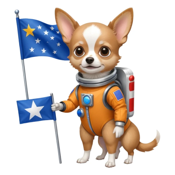 a chihuahua dog in space suit, holding blue rectangle flag, full body, front view sticker
