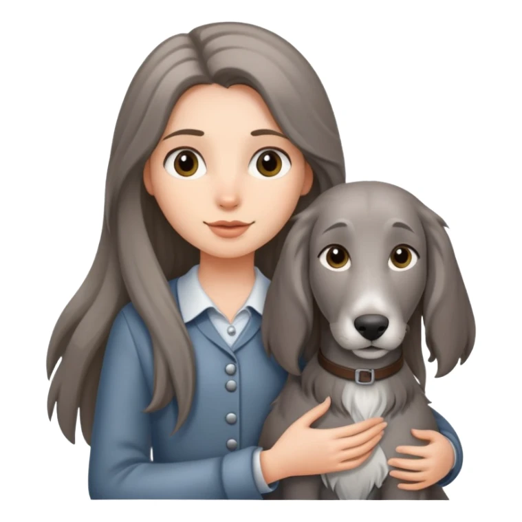 A long-haired girl holding a gray hound sticker