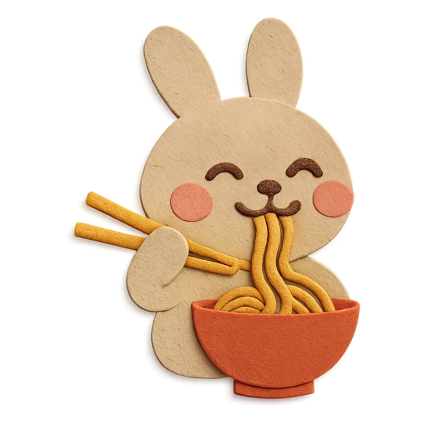 beige bunny happily slurping noodles, chopsticks visible and accurate, paper-craft style sticker