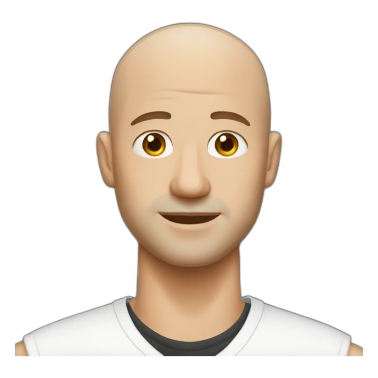 Bald man in white shirt and an earing sticker