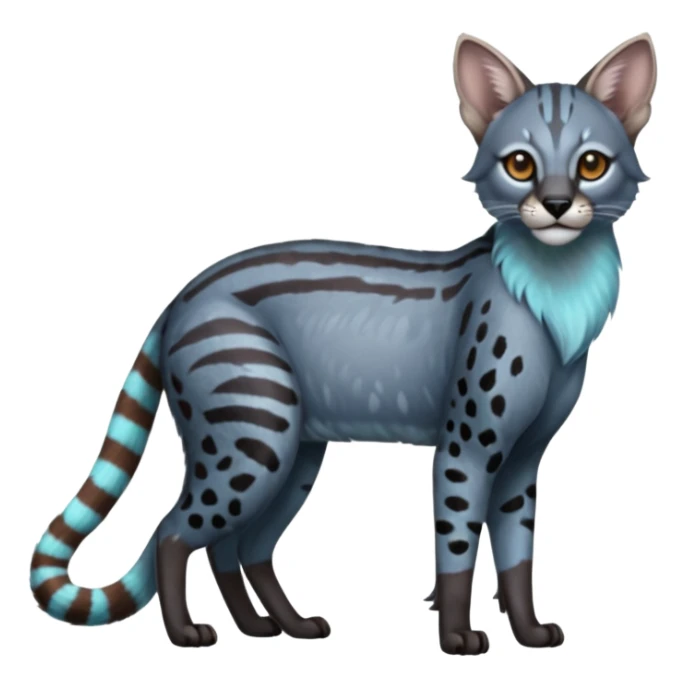Realistic patterned marked edgy bluish greyish blackish whitish silvery coppery Shiny Colorful Dusky Dark Gloomy Glossy Genet-Caracal-Lion-Bobcat-fusion-animal-hybrid-creature, full body, tufted ears, long thin tufted tail sticker