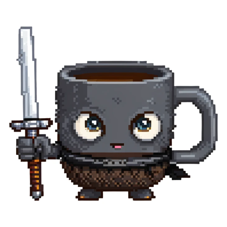 coffee mug with big cartoon eyes holding a ninja sword sticker