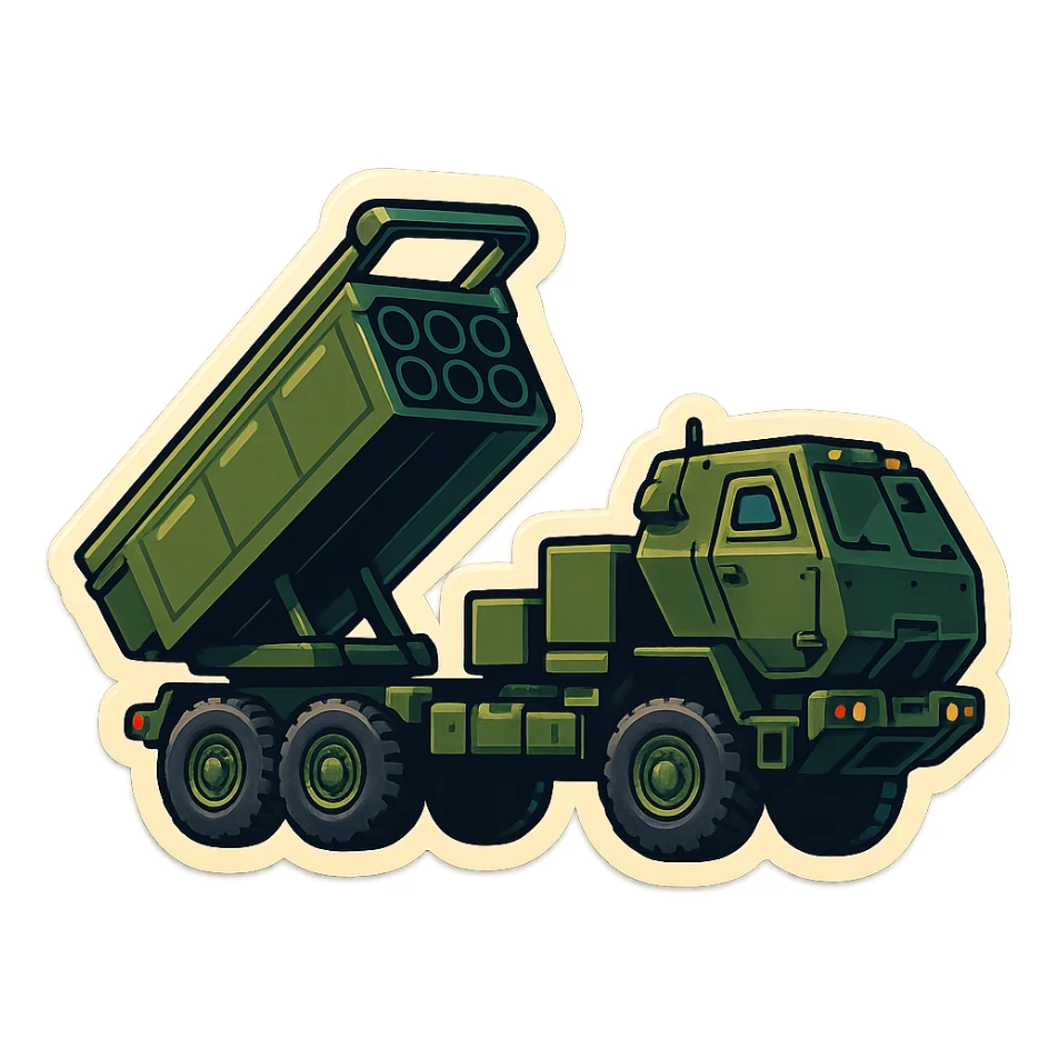 Create an emoji of HIMARS based on the provided photo. Style: emoji, side view, six rocket tubes, cabin, raised launcher, military green color, no background, slightly more cartoonish style. sticker