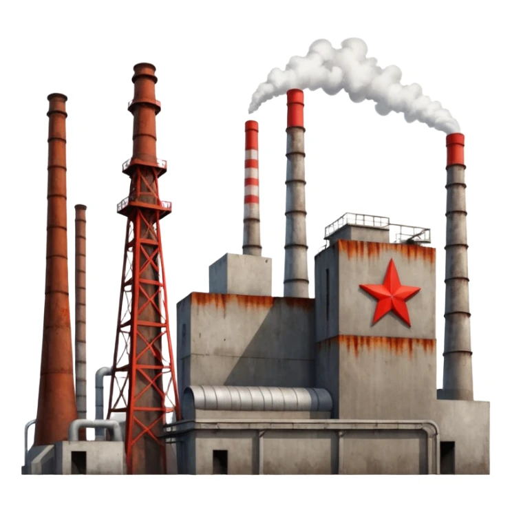 Soviet heavy equipment plant, industrial, smokestacks, red star, utilitarian architecture sticker