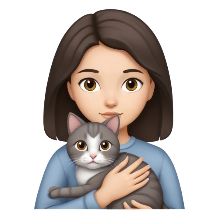 Dark Brown hair girl holding a grey cat sticker