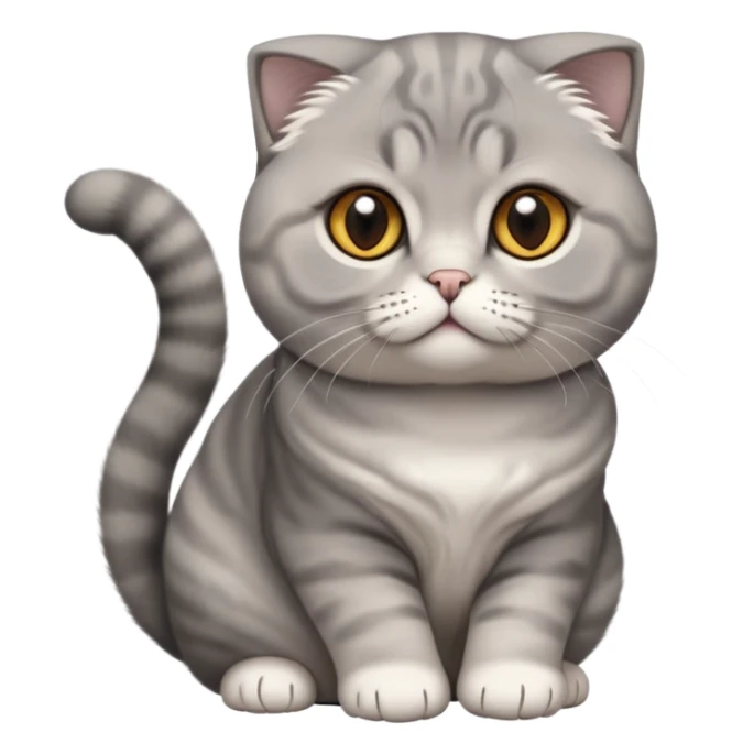  Cinematic-Scottish-Fold-Cat-Realistic-Full-Body-Sitting-Emoji – Tail curled playfully around its paws, head tilted dramatically, soft solid grey fur, signature folded ears adding to its distinctive charm, simplified yet realistic focused features, highly detailed, glowing with an almost sarcastic glow, round amber eyes radiating intelligence and mischief. sticker
