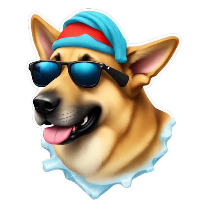 German Shepard dog with sunglasses and ice cram sticker