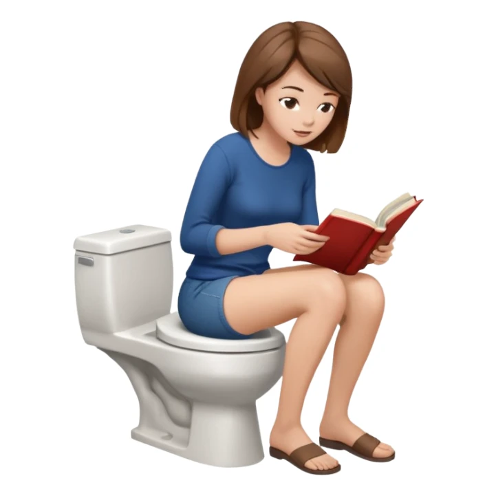A woman is sitting on the toilet, her pants are pulled down and she it reading a book. Side view sticker