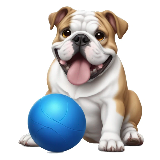 English bulldog playing with big blue ball sticker
