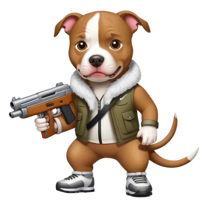 A PITBULL WEARING A NIKE SKI WITH A TOY GUN sticker
