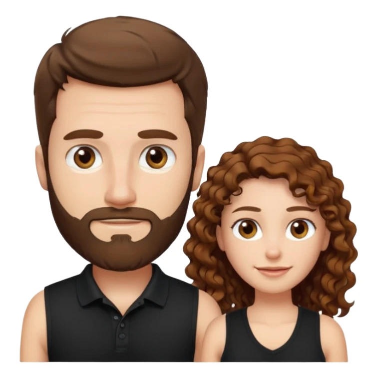 Criar Casal - Homem branco de cabelo liso e olhos marrom, com barba, expressão séria usando camiseta polo preta e mulher de pele branca cabelo cacheado marrom longo e olhos mel, usando uma regata fina branca, quero ela sorrindo sticker