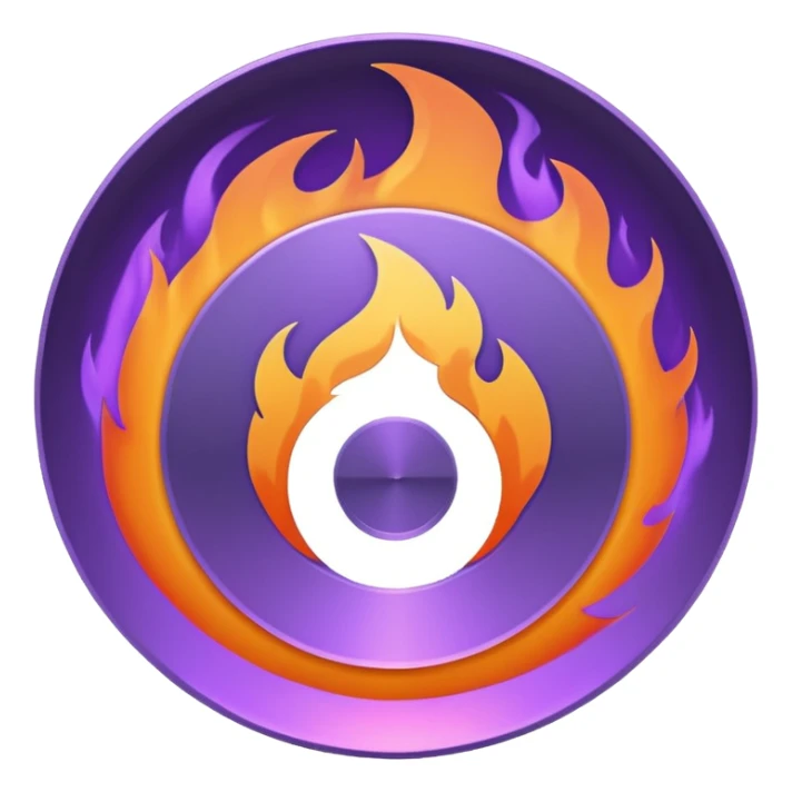 A minimalist CD disc with a subtle fire design, purple and orange flames, with a circle in the middle and a hole in the center sticker