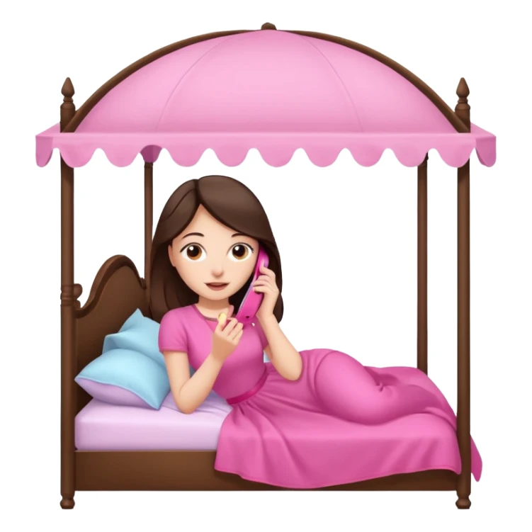 brunette woman on a canopy bed, talking on a pink phone sticker