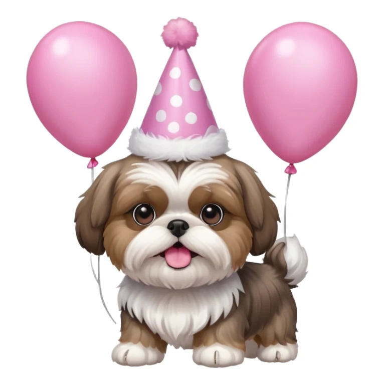 cute shih tzu hold a few pink balloons  with pink birthday hat sticker