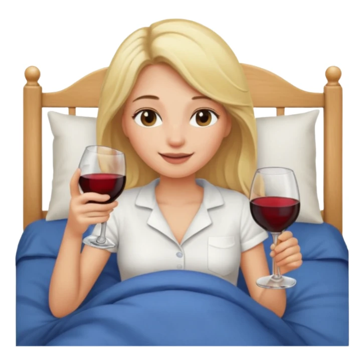 Blondt hår, trøtt i senga, jente, veldig blid, vinglass sticker