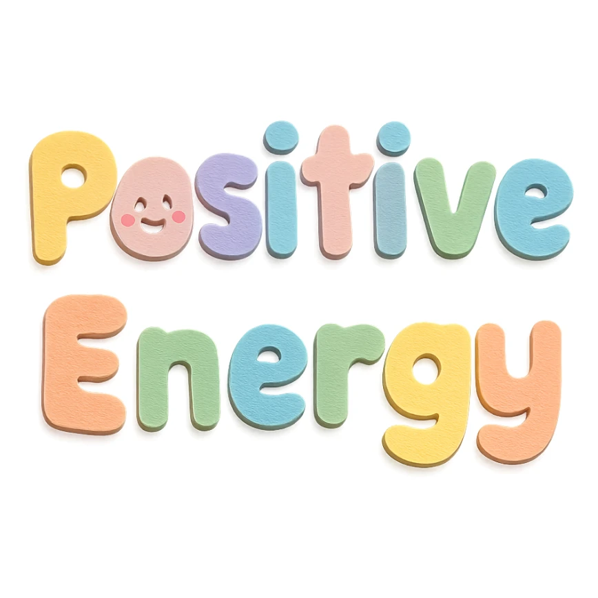 "Positive Energy" in soft pastel rainbow puffy rounded letters, kawaii cute style, no border, transparent background sticker
