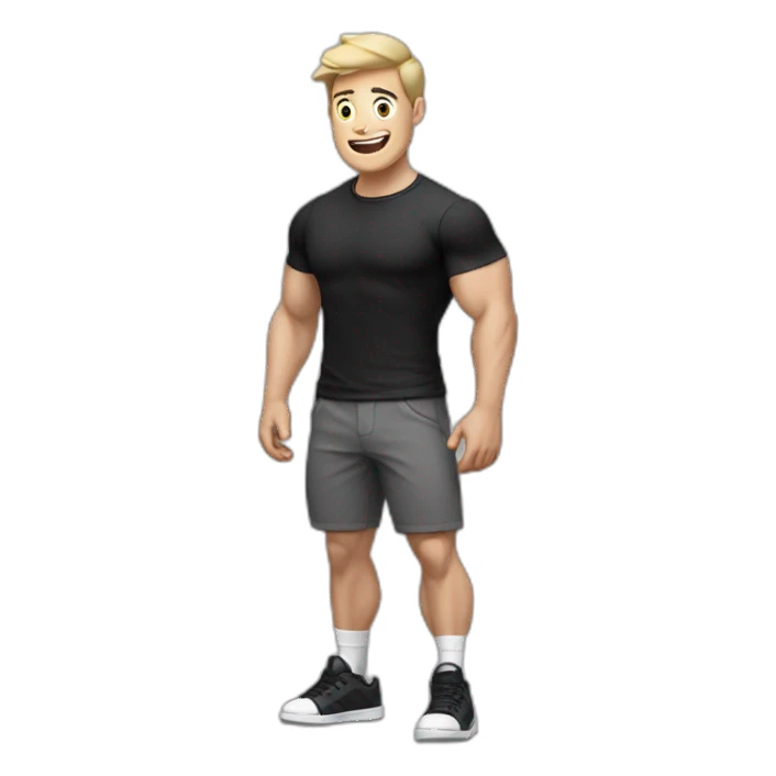 amazed Open with surprise mouth Pale skinned Fit Man With the biceps and dark brown hair in black shirt, gray sports shorts and white Sneakers sticker