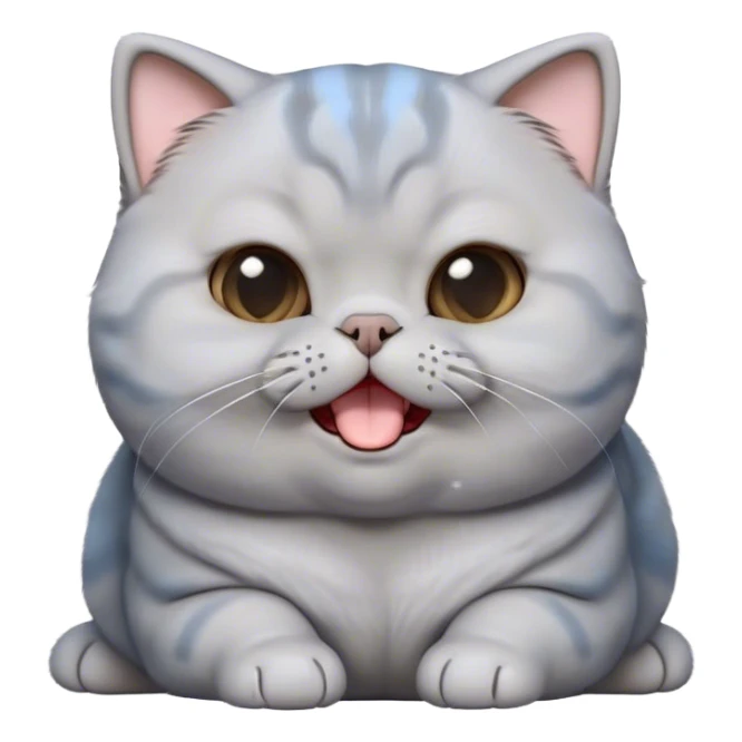 Cinematic Cute Chubby Grey Scottish Fold Cat Portrait Emoji, Head tilted playfully and yawning, round and plump body with sleek soft grey fur and subtle blue undertones, adorable folded ears, Simplified yet adorable features, highly detailed, glowing with a warm, friendly glow, high shine, curious yet calm, stylized with a touch of whimsy, bright and endearing, soft glowing outline, capturing the essence of a mischievous yet loving and lazy kitty with those signature folded ears, so cute it feels like it could stretch out of the screen and cuddle! sticker