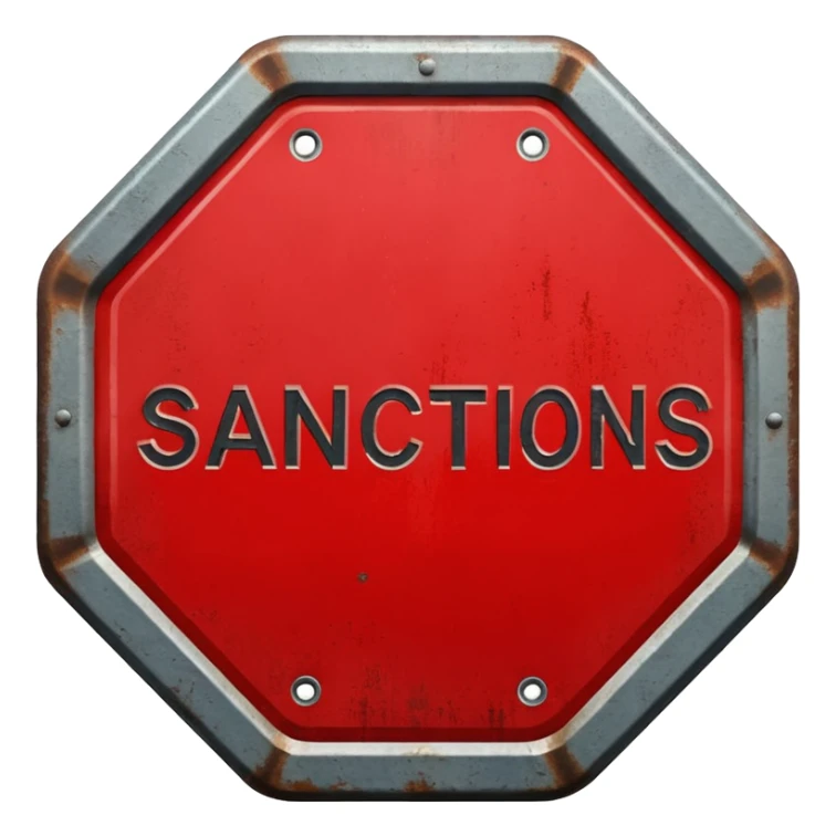 red, road sign, hexagonal, with the inscription SANCTIONS sticker