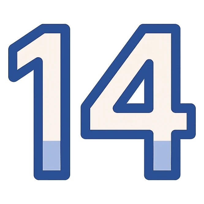 number 14 in blue, icon style, clean and modern sticker