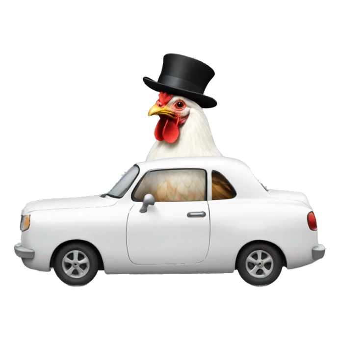 Chicken in a white race car wearing a top hat sticker