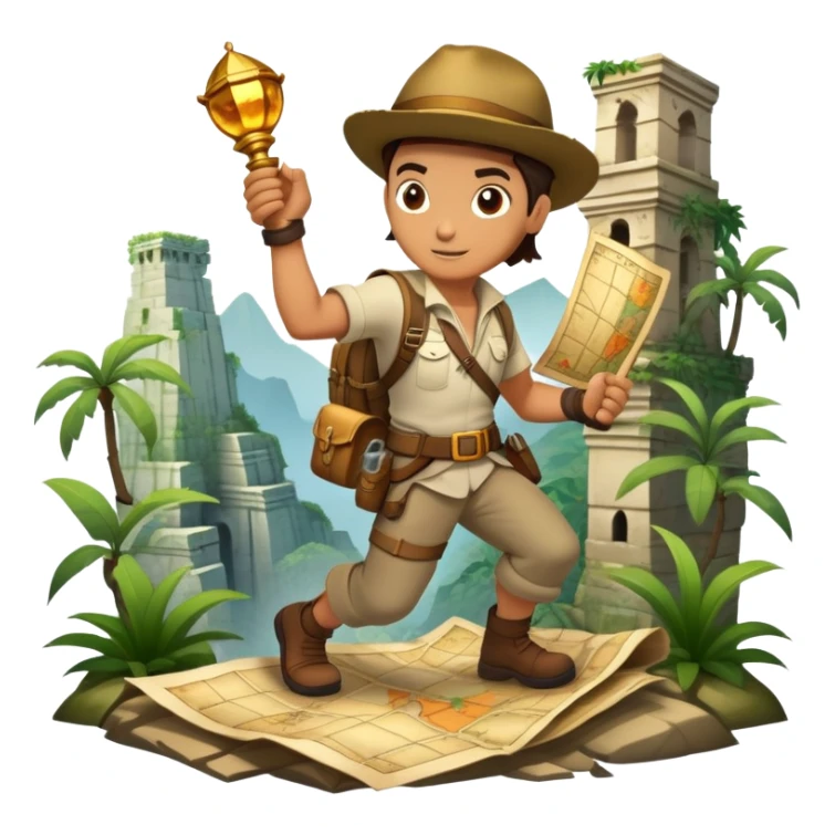 An icon featuring an adventurer in a dynamic action pose with treasure map, ancient ruins and jungle landscapes in the background. The design includes clues, hidden passages and climbing gear, symbolizing the thrill of exploration and discovery. Transparent background. sticker