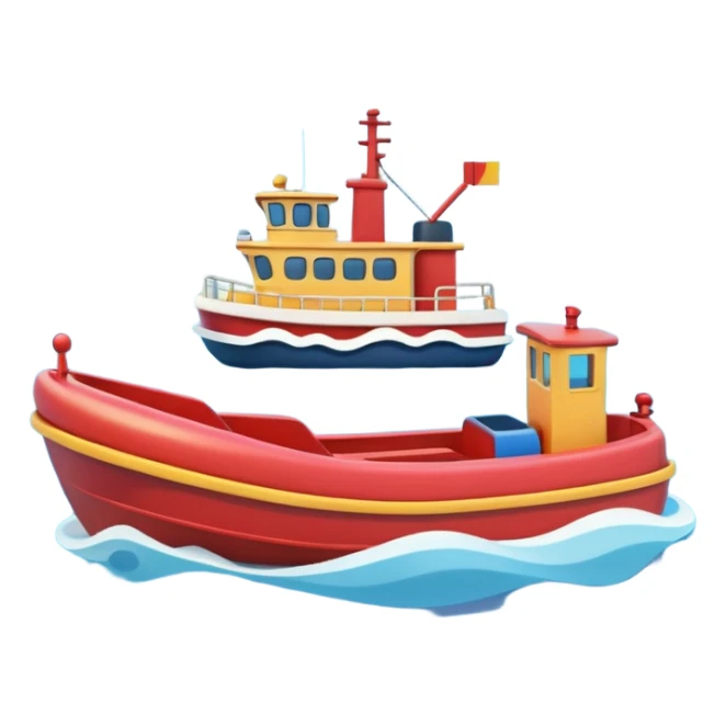 A 3D cartoon tugboat towing another boat on calm blue water, soft waves, clear sky, Memoji-style. sticker