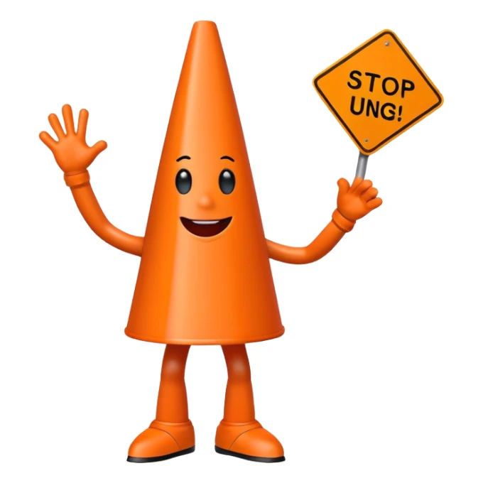 orange traffic cone with legs dancing with sign in his hand saying “stop using ai” sticker