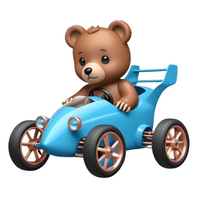 dar crystal blue and rosegold-accented rc racing car driven by a small cute Freddy bear with rear spoiler, safety cage, and wheely bar sticker