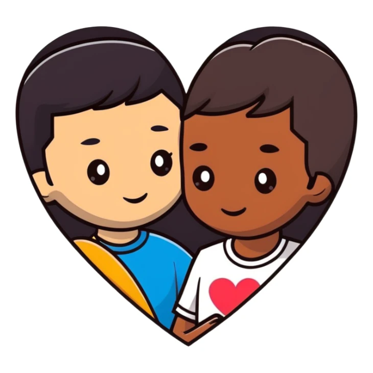 A couple with dark brown hair and mixed skin tone inside a white heart sticker