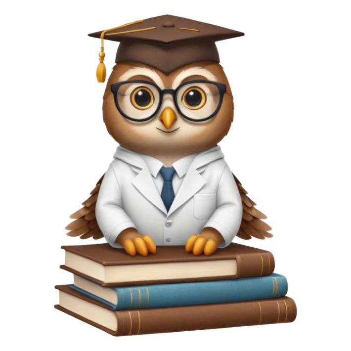 Wise owl with glasses, wearing a lab coat, perched on a stack of books. sticker