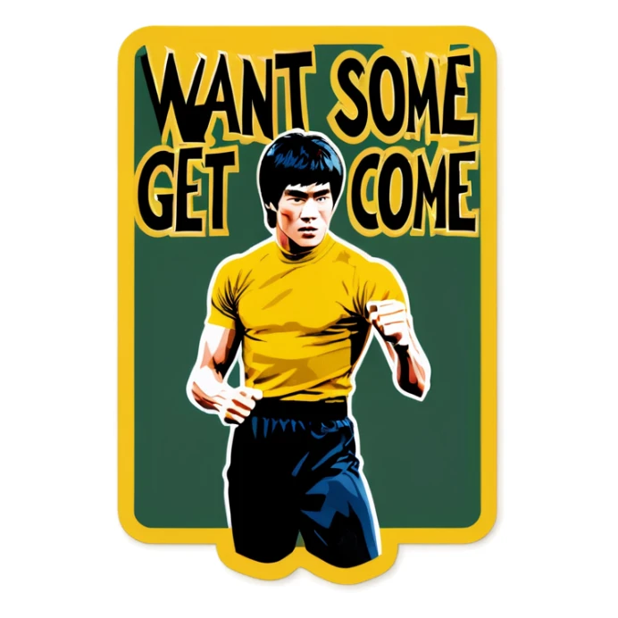 Bruce Lee holds a sign that say WANT SOME COME GET SOME sticker