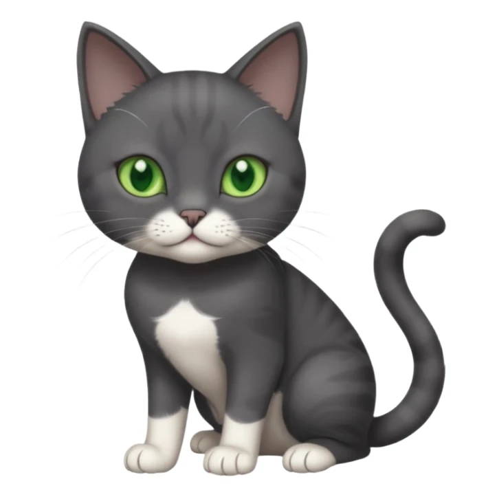 beautiful female solid dark grey cat with green eyes, white toes/paws and white patch on her chest playing sticker