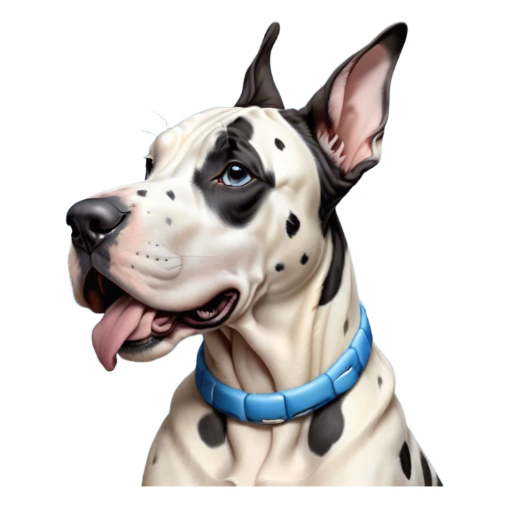 Cinematic Cute Yawning Harlequin Great Dane Portrait Emoji, Head tilted slightly with a dramatic, wide-open yawn, showcasing a smooth coat of predominantly white with bold black patches, floppy ears slightly drooping, round blue eyes barely open in drowsy contentment, Simplified yet irresistibly adorable features, highly detailed, glowing with a soft, cozy glow, high shine, relaxed yet expressive, stylized with a touch of whimsy, bright and endearing, soft glowing outline, capturing the essence of a sleepy yet affectionate guardian, so drowsy it feels like it could stretch out of the screen and curl up for a nap! sticker