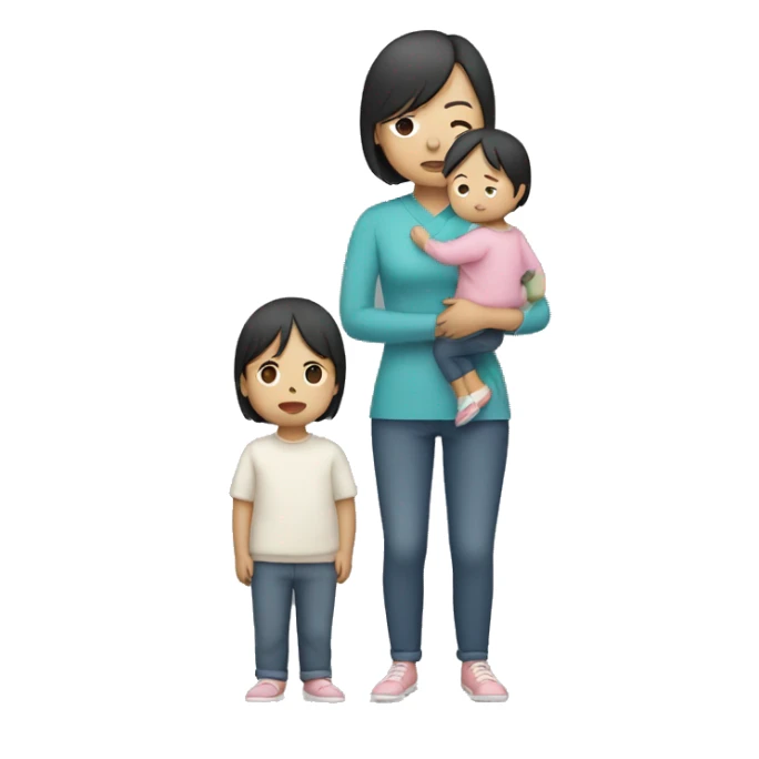 asian sad mum holding two kids, full body standing sticker