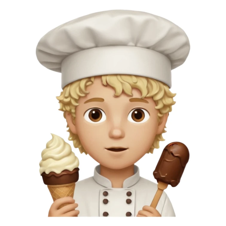 boy blonde curly hair, chef, eating chocolate ice cream sticker