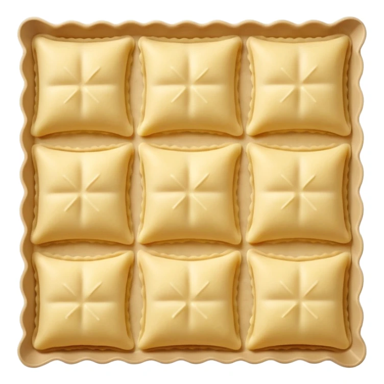 ravioli sheets small square pale yellow dough crimped edges central bump for filling smooth matte flour dusting loose overlapping scatter raw ravioli soft lighting emoji scale sticker