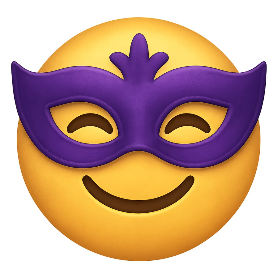 yellow face with purple masquerade mask emoji, digital illustration sticker