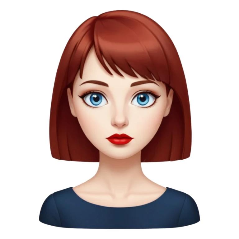 Creative woman with fair skin, oval face, striking blue eyes with dark eyeliner, thin eyebrows, small nose, full lips with bright red lipstick, dark auburn hair with straight bangs, wearing an elegant black blouse, artistic expression sticker