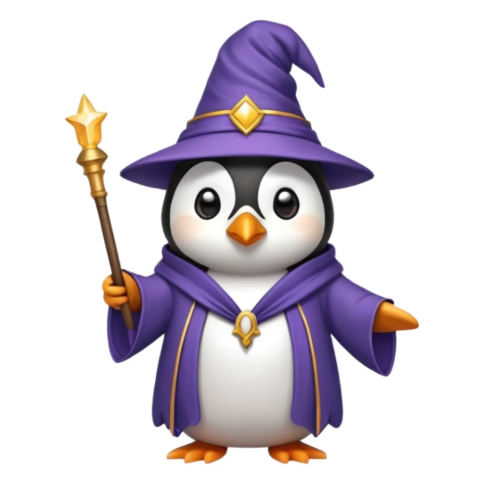 penguin wearing a wizard hat and robe, holding a magic wand sticker