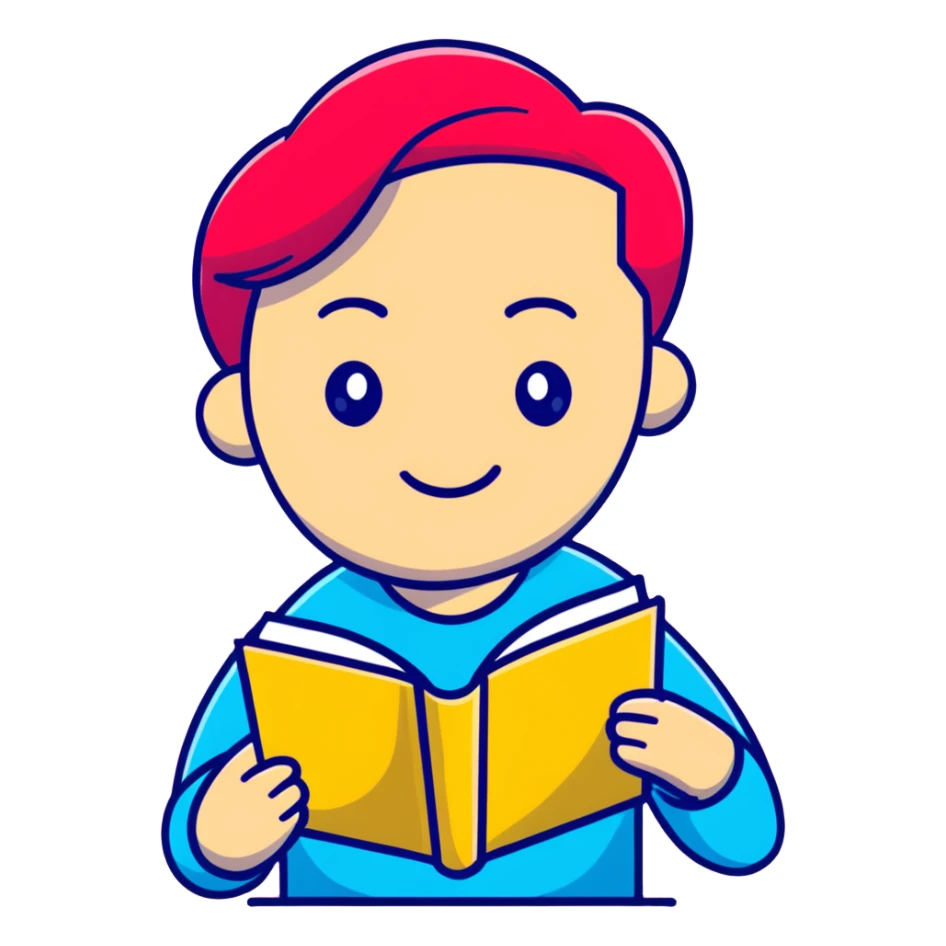 cartoon psychologist character with raised eyebrow, holding a book titled existentialism or life as a project, thoughtful expression, pink red yellow palette sticker