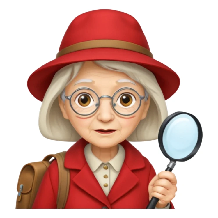 scout old woman with hat, backpack and magnifying glass, red sticker