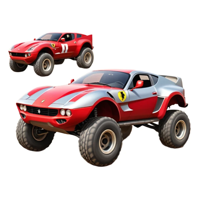 Satan’s evil Ferrari-colored Dirty and dented Local Motors Rally Fighter off road race car hot rod trophy truck-style basher flying on a dusty road (silver wheels) sticker